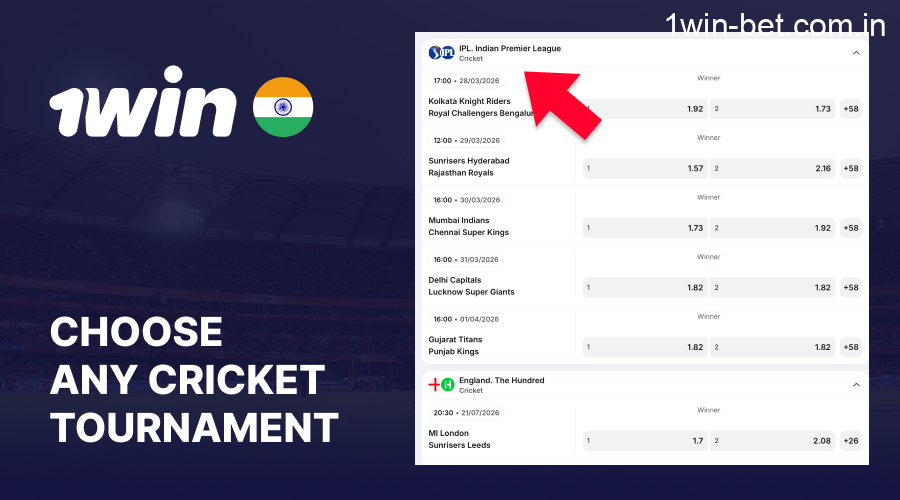 Select IPL or ICC World Cup on 1win